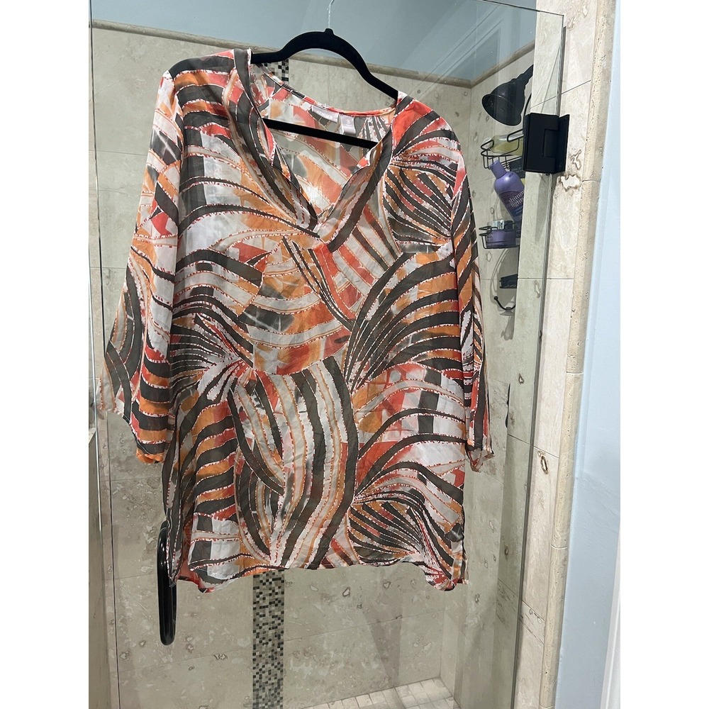 Chico's Size 3 Long Sleeve Sheer Pullover Top V-Neck Fall Print Neutral Blouse